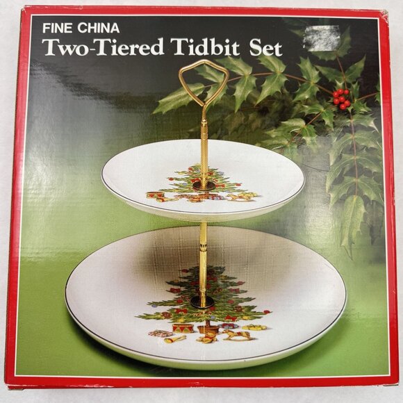 Vintage Two-Tiered Tidbit Set Fine China Holiday Desert Tray Christmas Tree - Picture 2 of 16